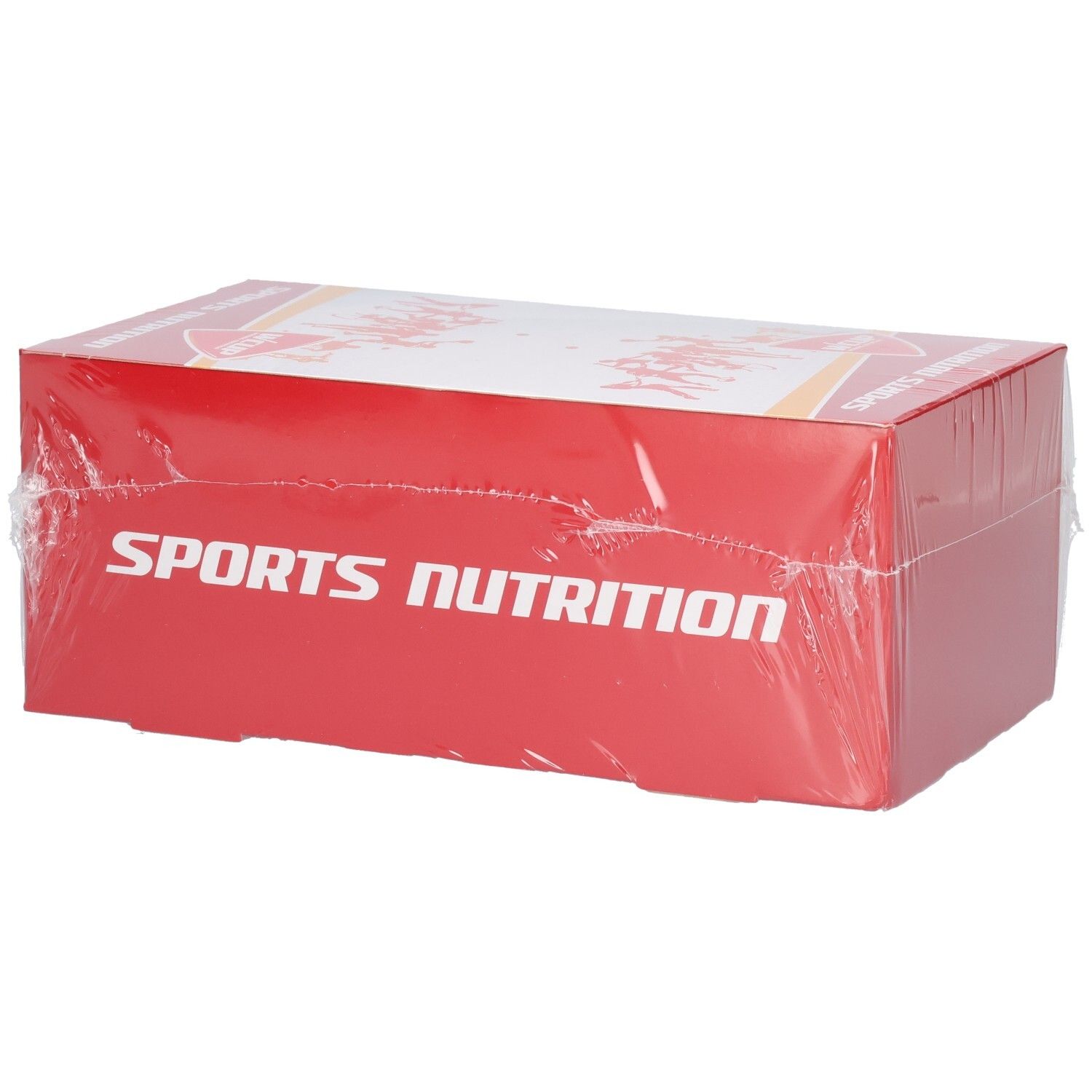 Emballage carton rouge, enveloppé de plastique transparent. Inscription: Sports Nutrition.