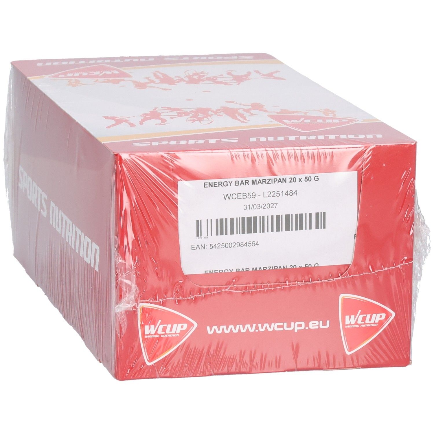 Emballage carton rouge, enveloppé de plastique transparent. Inscriptions: ENERGY BAR MARZIPAN 20 x 50 G, logo Wcup, www.wcup.eu et Sports Nutrition.