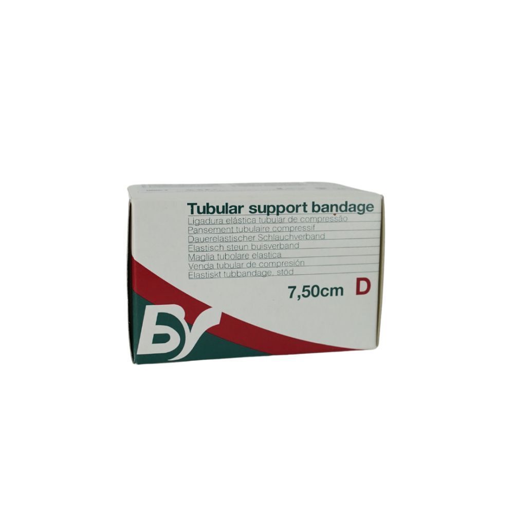 Boîte de bandage tubulaire compressif. Inscription: Tubular support bandage, 7,50cm D. Logo BV.