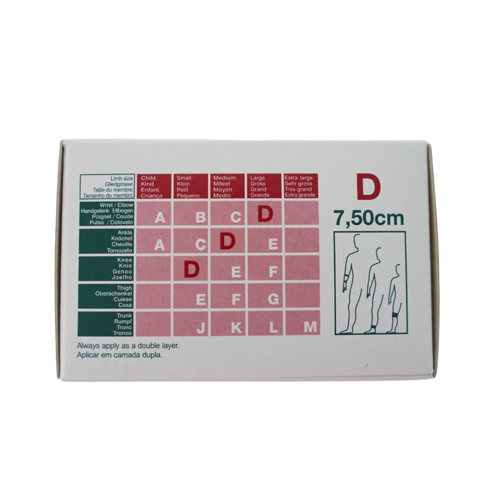 Dos de la boîte. Tableau des tailles pour bandage compressif. Dimensions: 7,50cm D. Illustrations.