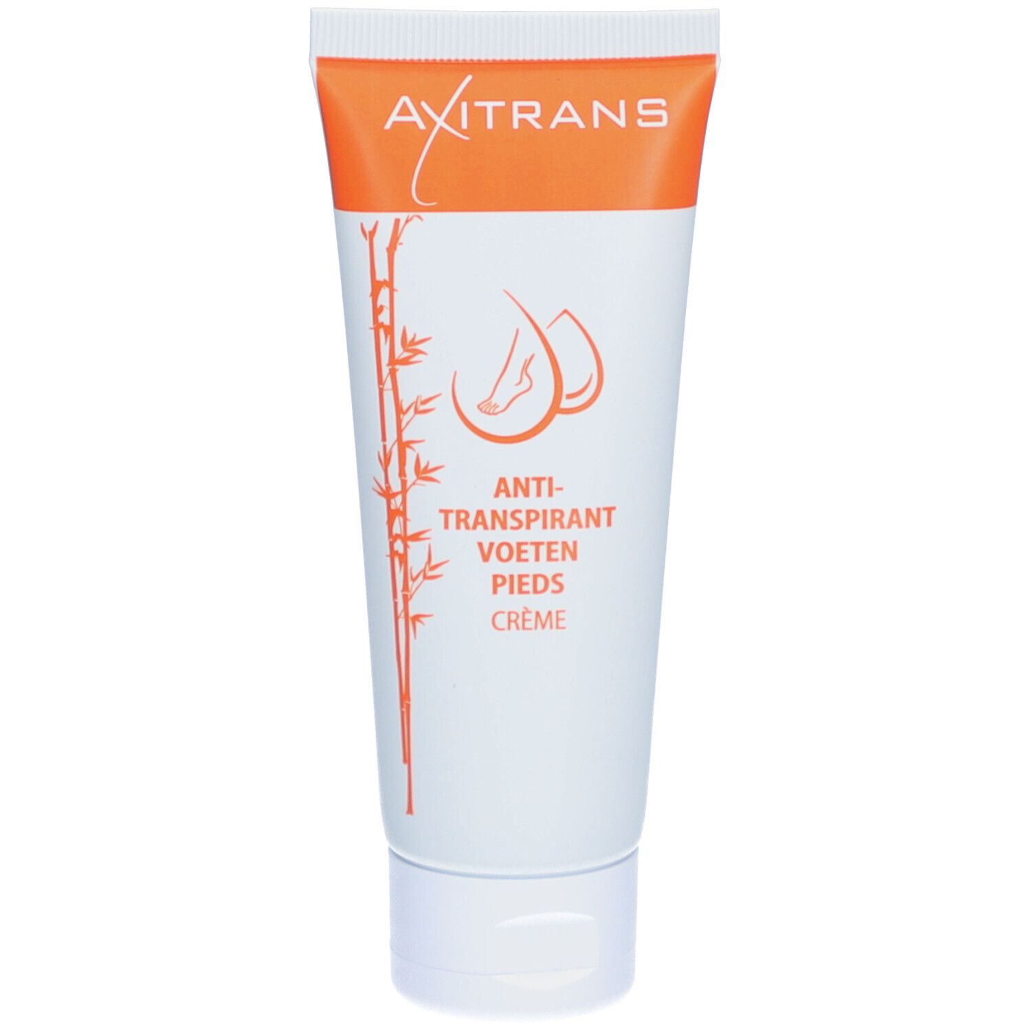 Tube de crème AXITRANS, bouchon orange. Texte: Anti-Transpirant Voeten Pieds Crème. Illustration de pieds.