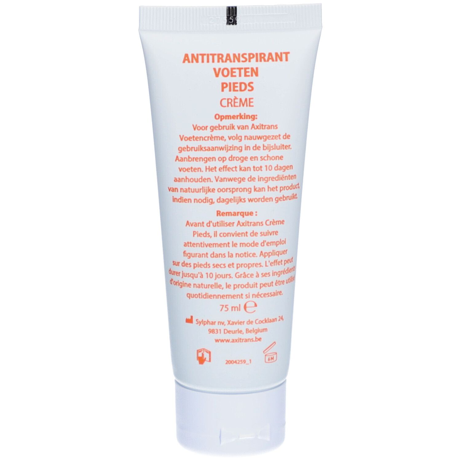 Dos du tube de crème. Texte: Anti-Transpirant Voeten Pieds Crème. Instructions d'utilisation. Ingrédients. 75 ml.