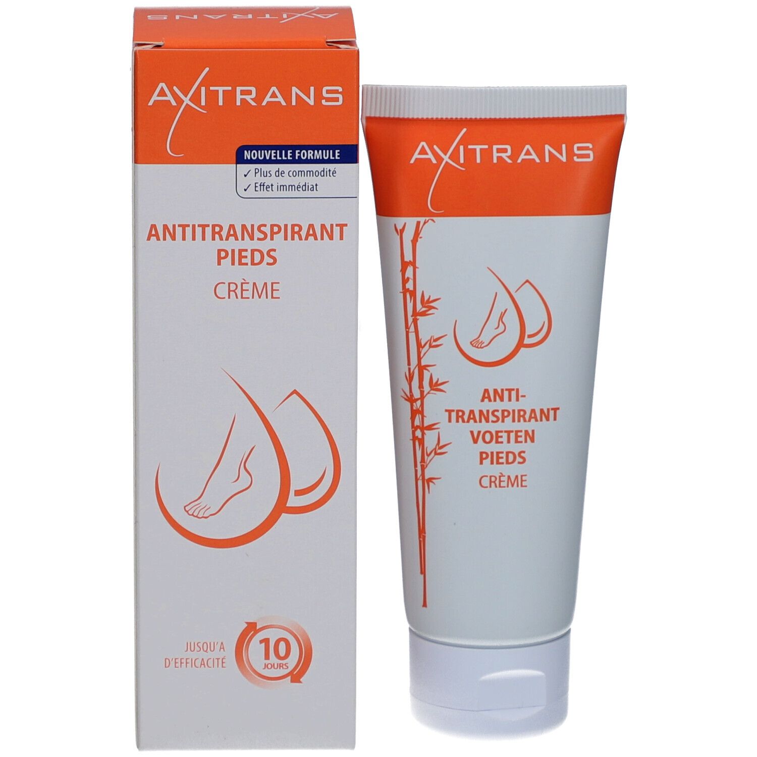 Emballage du produit avec tube et boîte. Inscription AXITRANS. Texte: Anti-Transpirant Pieds Crème. Illustration de pieds. Jusqu'à 10 jours.