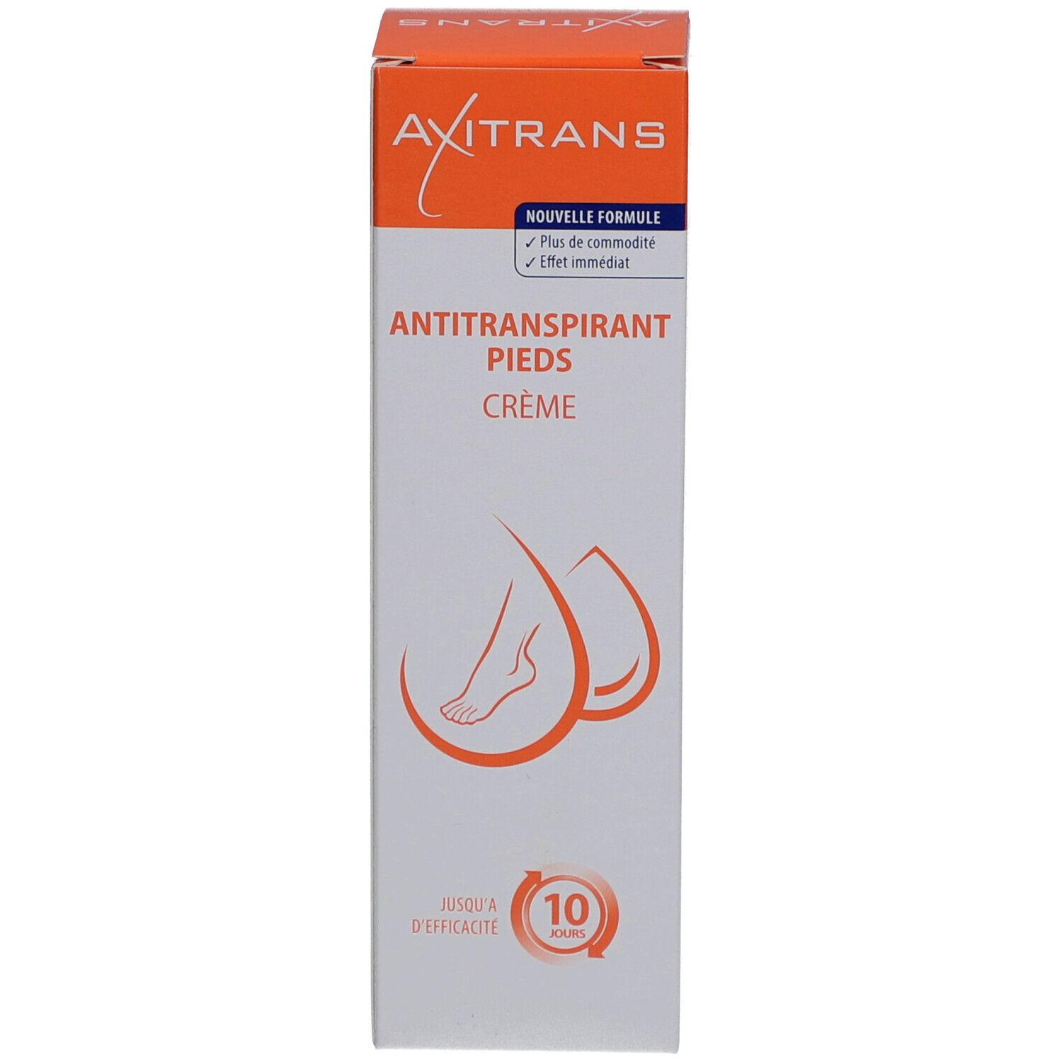 Emballage du produit. Inscription AXITRANS. Texte: Anti-Transpirant Pieds Crème. Illustration de pieds. Jusqu'à 10 jours.