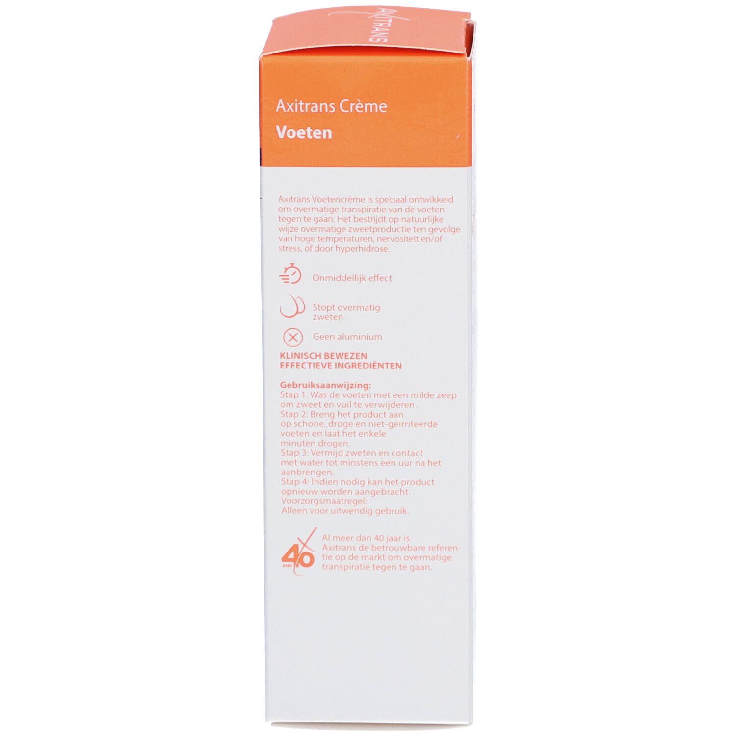 Emballage du produit. Inscription AXITRANS Crème Pieds. Informations sur les ingrédients et l'utilisation. Cliniquement prouvé.