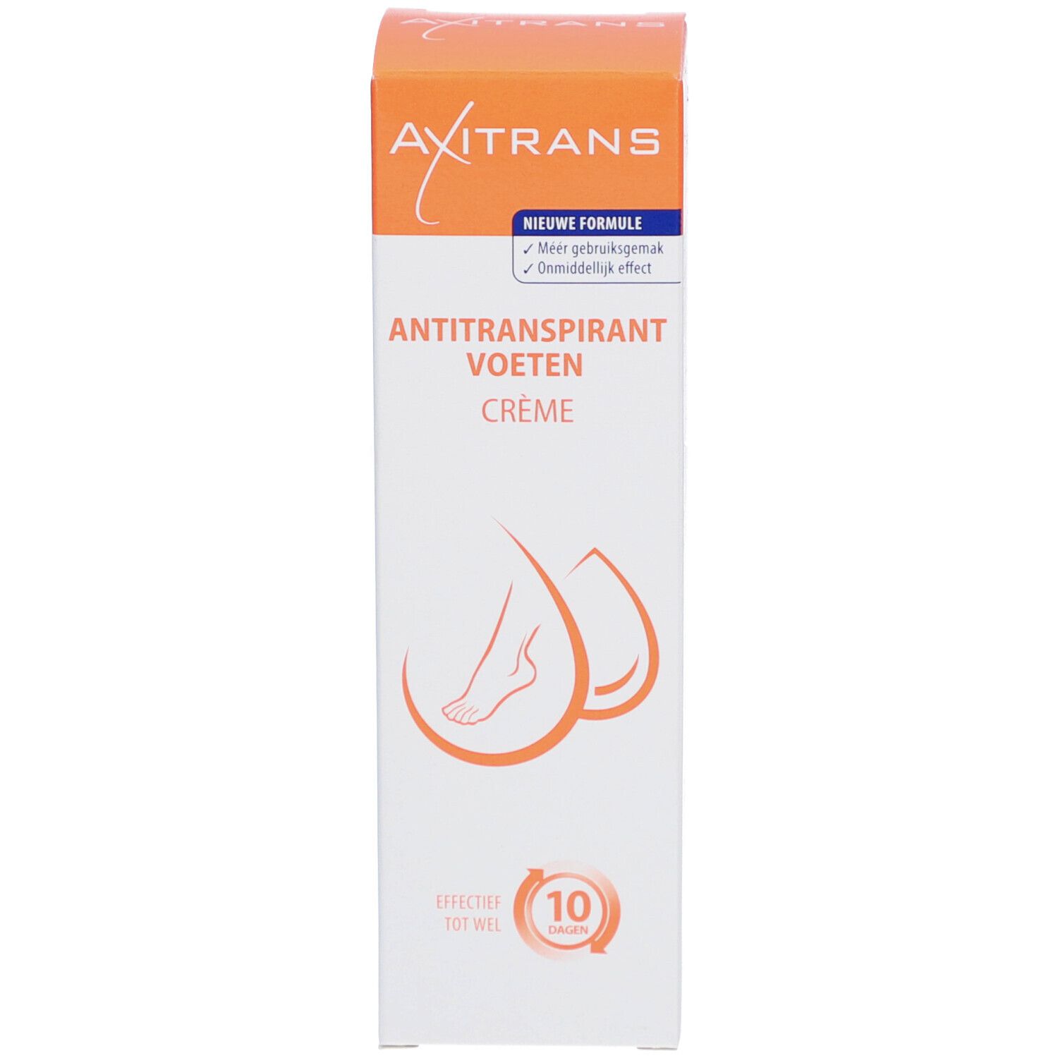 Emballage du produit. Inscription AXITRANS. Texte: Anti-Transpirant Voeten Crème. Illustration de pieds. Efficace jusqu'à 10 jours.