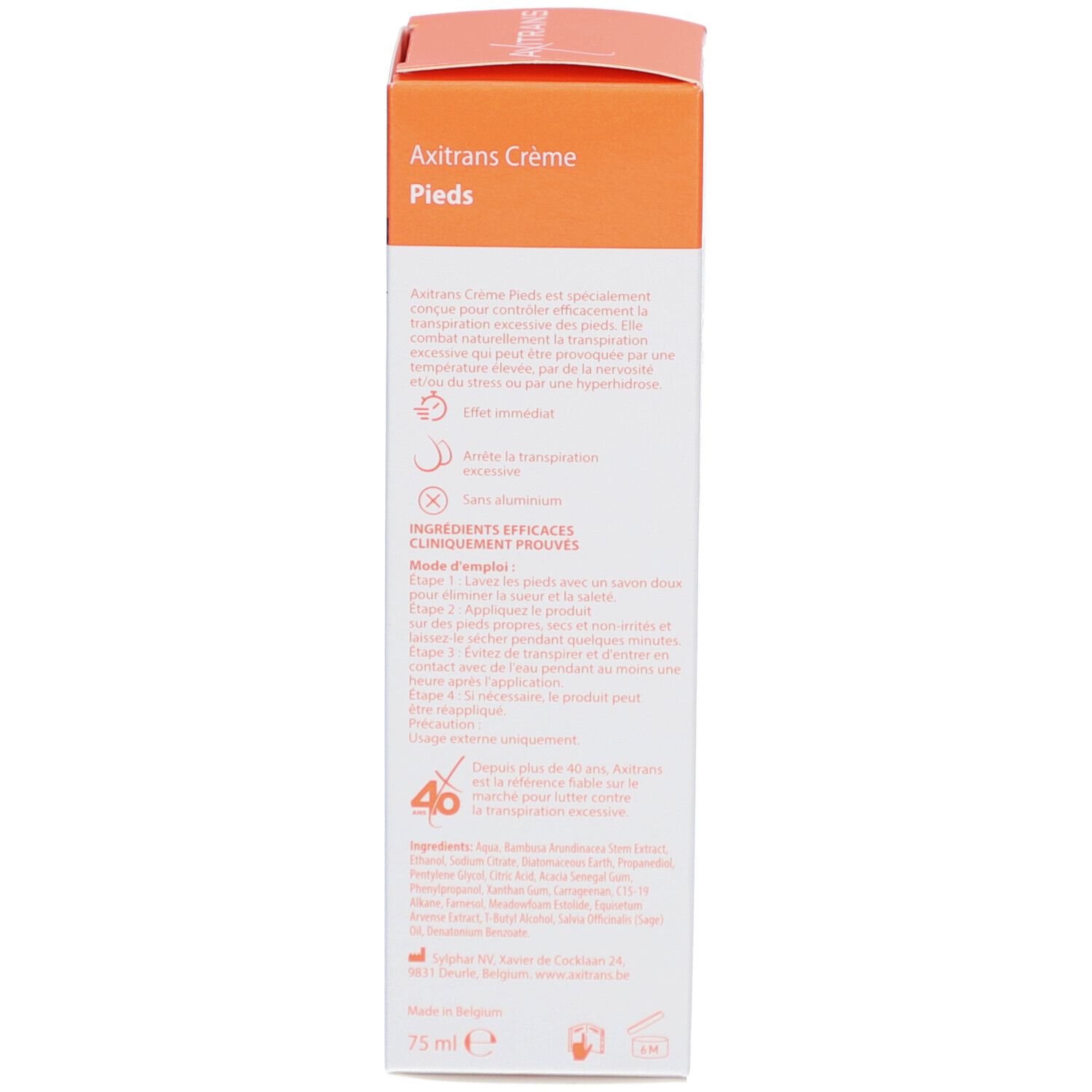 Emballage du produit. Inscription AXITRANS Crème Pieds. Informations sur les ingrédients et l'utilisation. 75 ml.