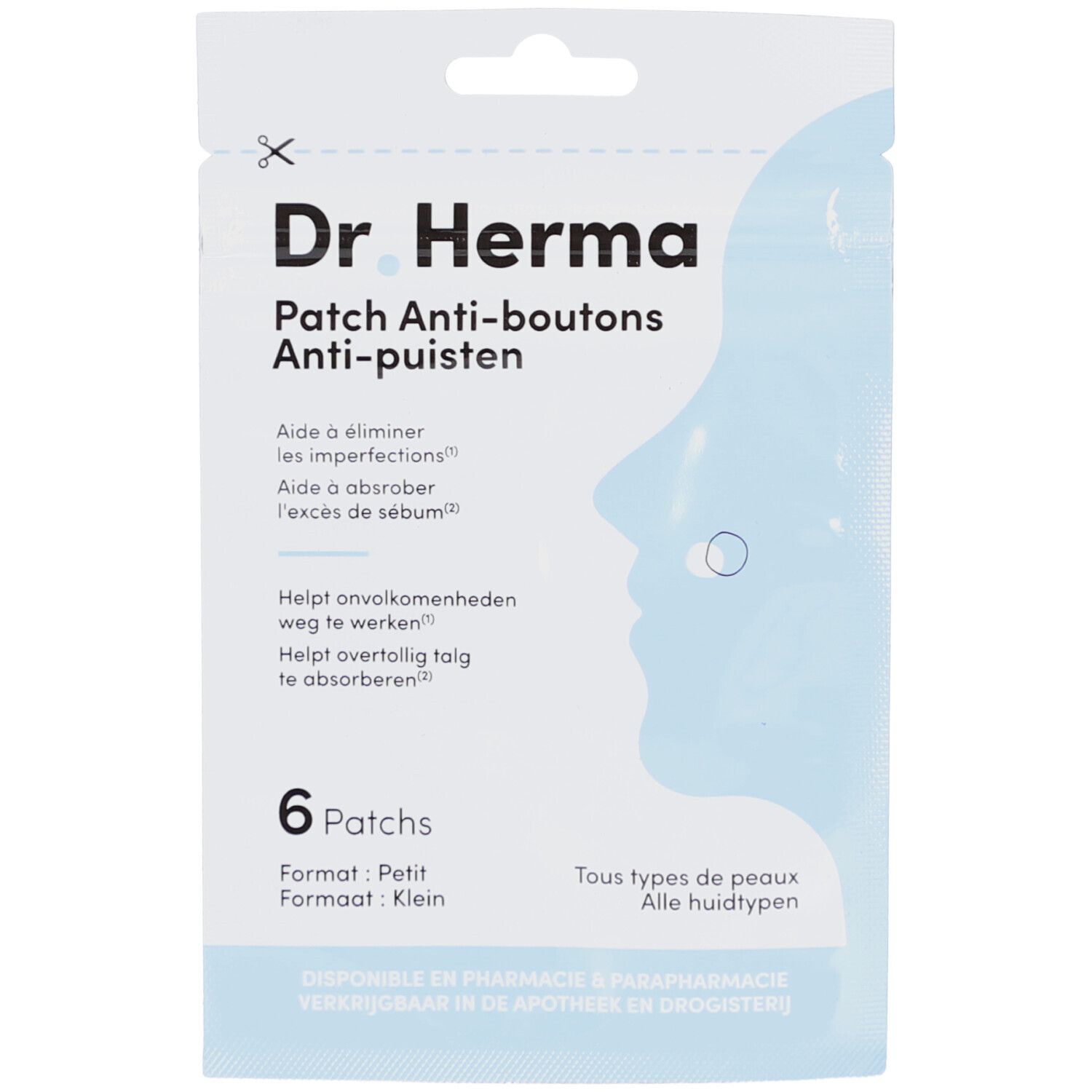 Emballage de 6 patchs. Inscription: Dr. Herma, Patch Anti-boutons. Emballage bleu avec profil de visage.
