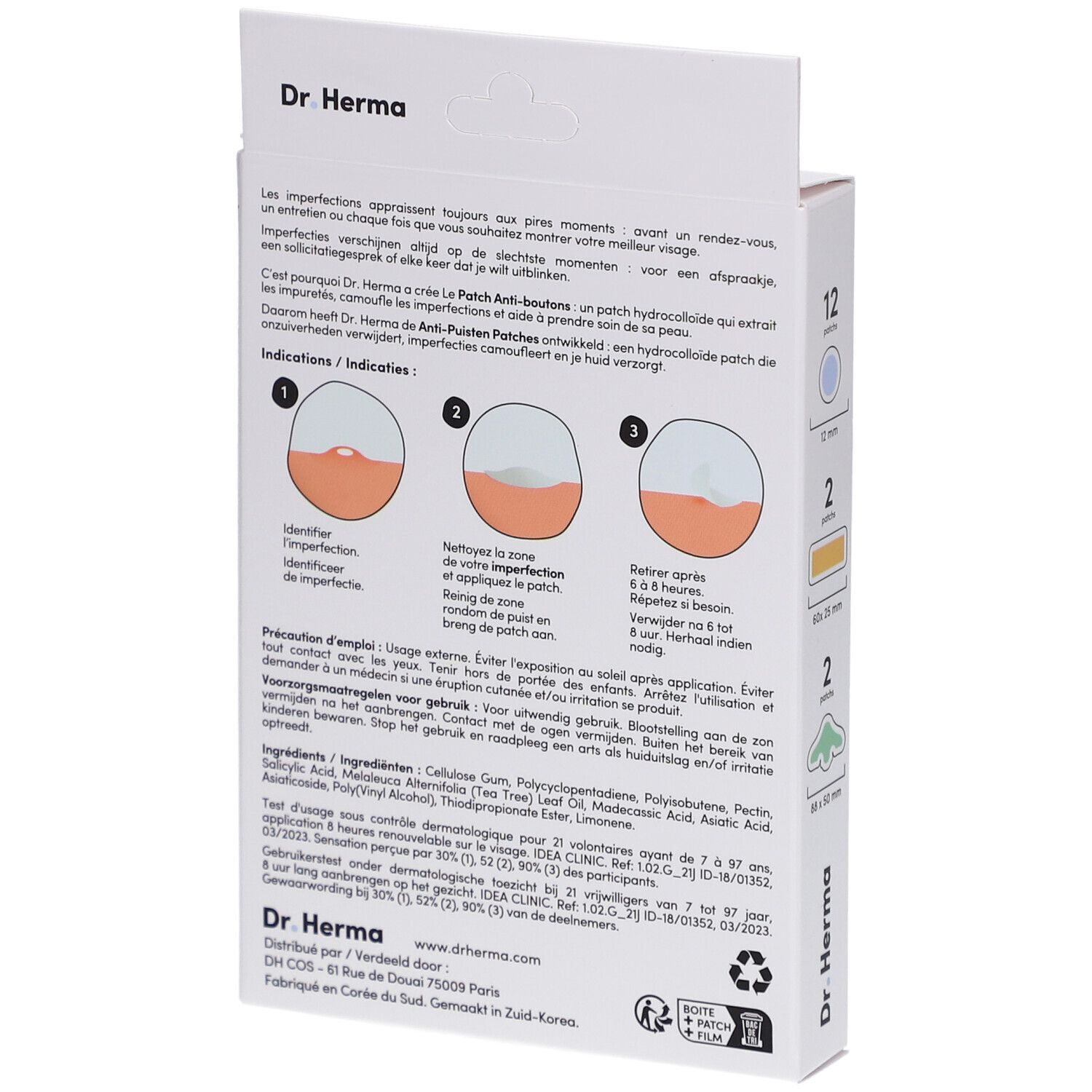 Dos de la boîte de patches anti-boutons Dr. Herma. Instructions et ingrédients. Trois exemples d'application colorés.