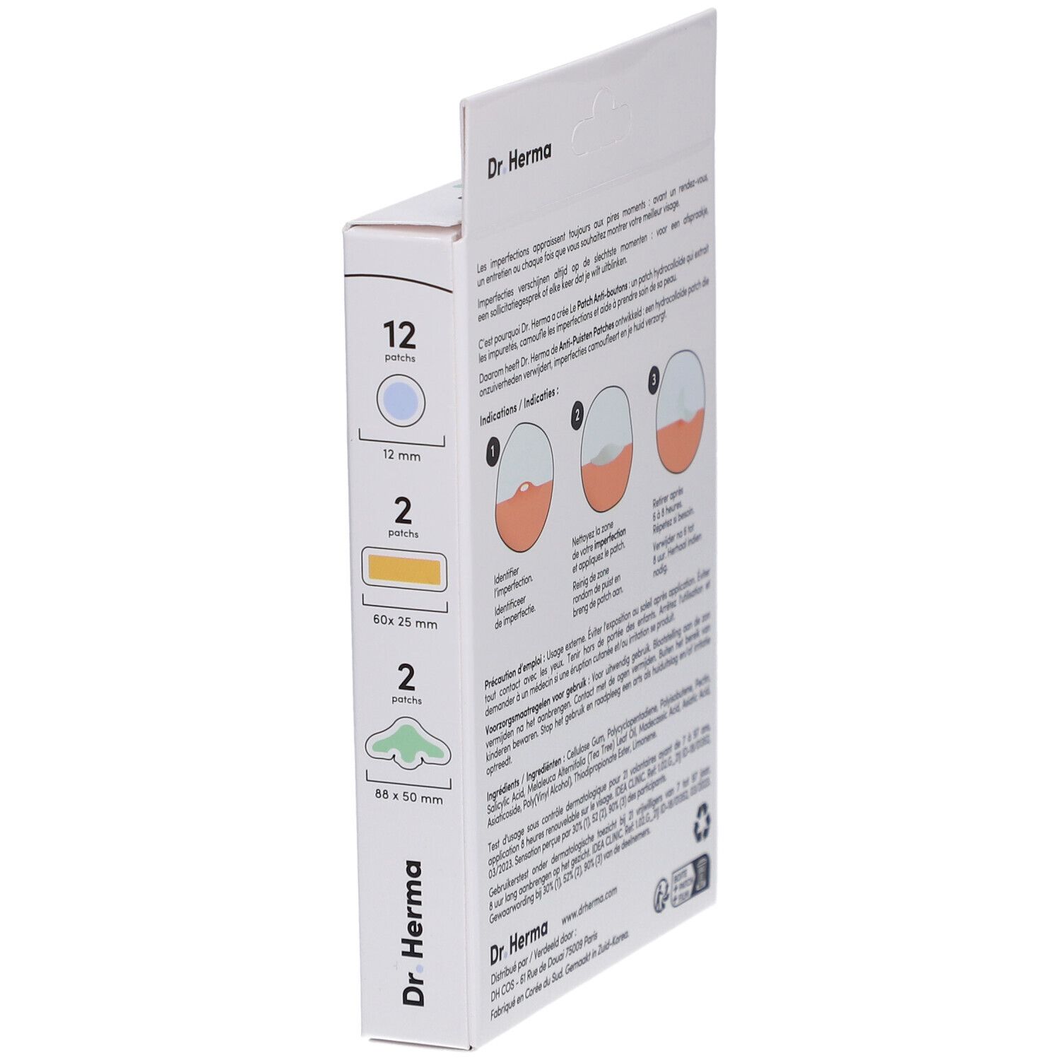 Vue latérale de la boîte de patches anti-boutons Dr. Herma. Exemples d'application et informations produit.