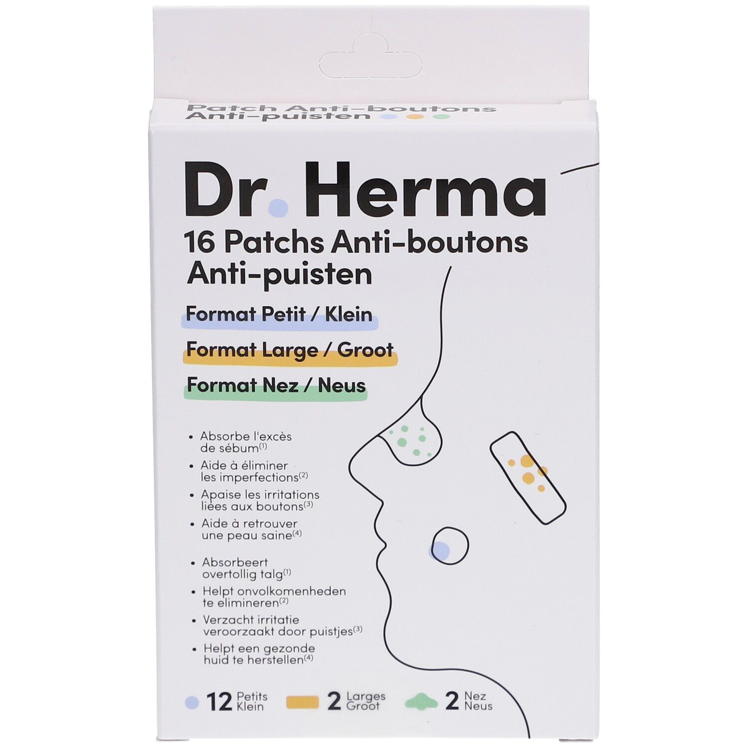 Boîte de patches anti-boutons Dr. Herma. 16 patches, 3 formats. Nom du produit et exemples d'utilisation.