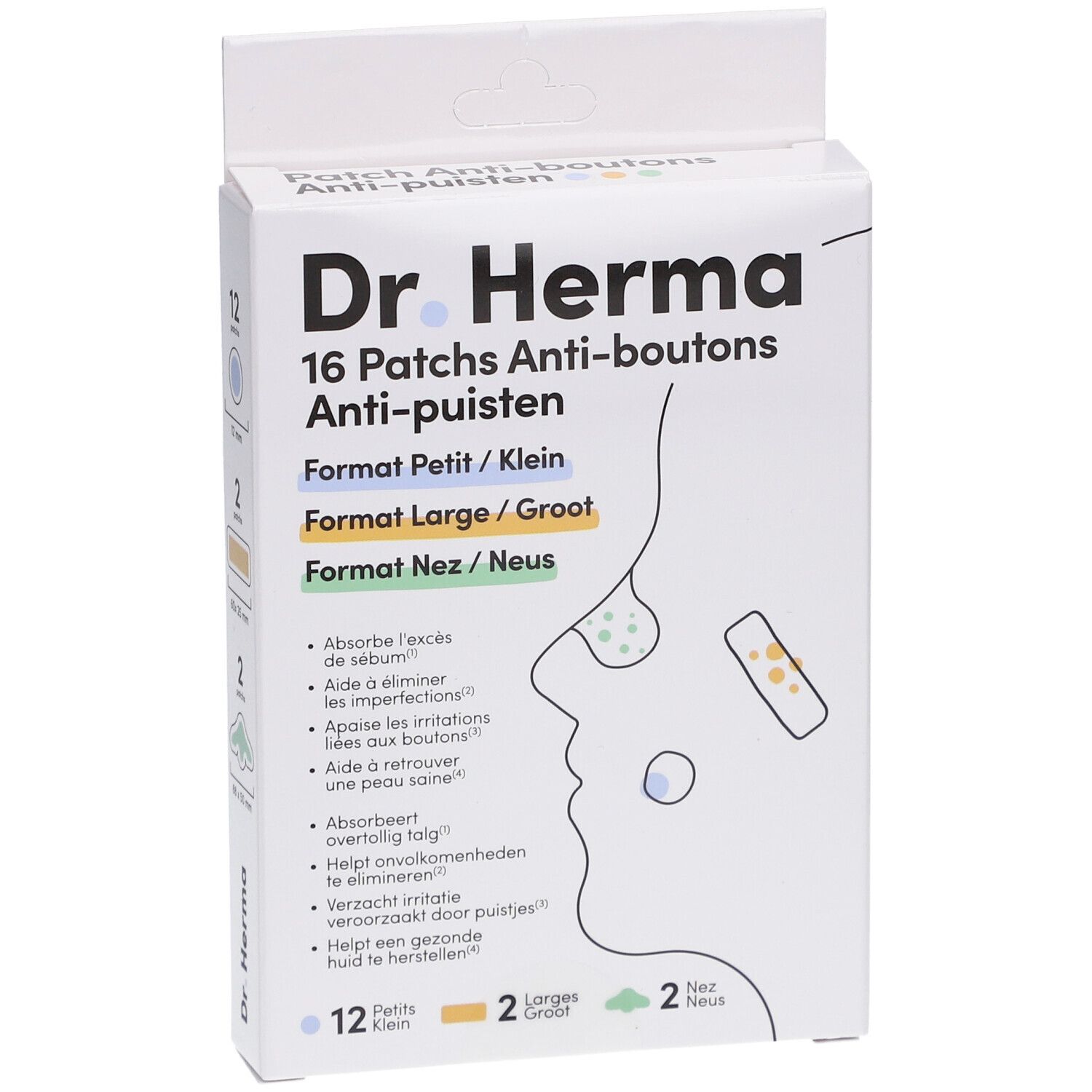 Boîte de patches anti-boutons Dr. Herma. 16 patches, 3 formats. Nom du produit et exemples d'utilisation.