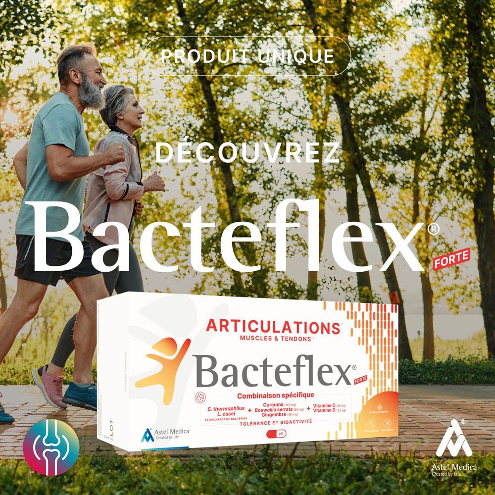 Bacteflex Forte boîte pour articulations, muscles et tendons, 32 capsules, verso avec informations.