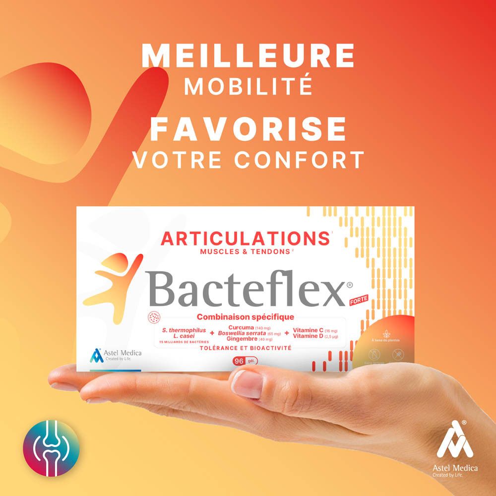 Bacteflex Forte boîte pour articulations, muscles et tendons, 32 capsules, côté avec informations.