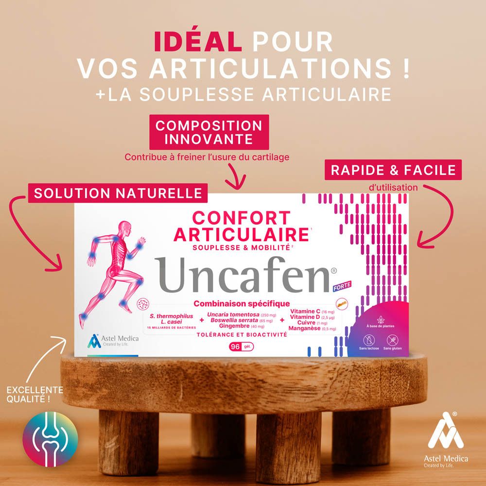 Boîte Uncafen Forte avec illustration d'un coureur et informations sur la santé articulaire.