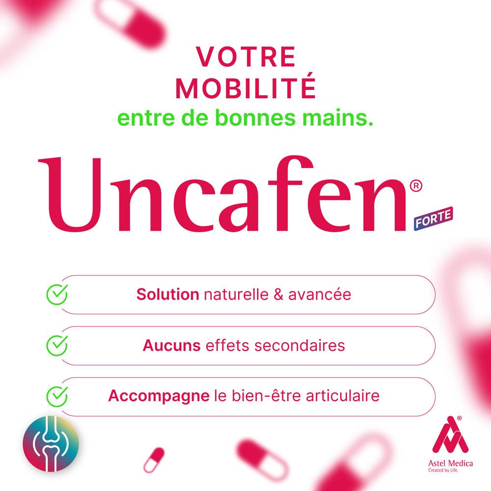 Boîte Uncafen Forte avec illustration d'un coureur et informations sur la santé articulaire.