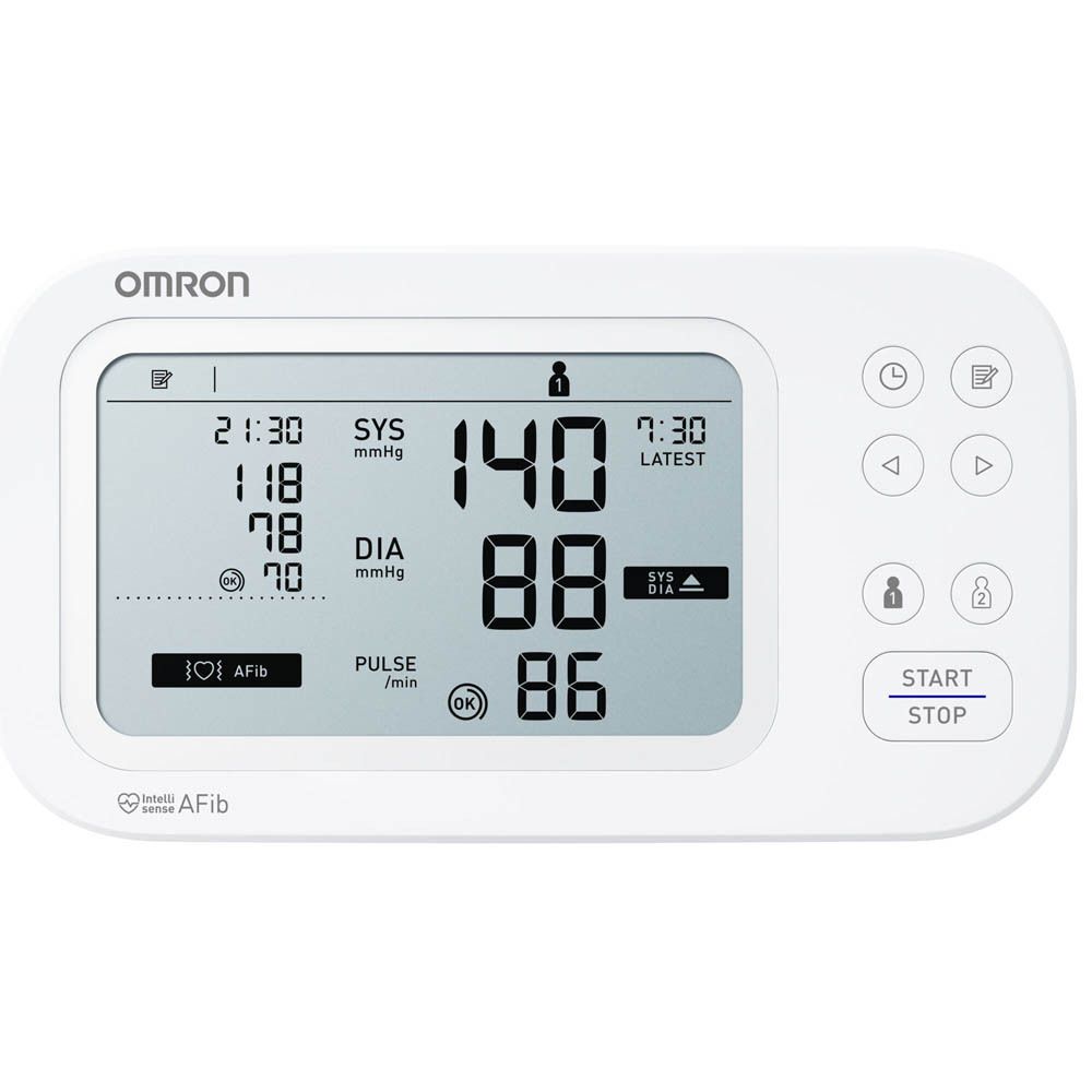 Tensiomètre OMRON M6 Comfort AFib. Appareil avec écran. Affichage numérique des mesures. Boutons de commande.
