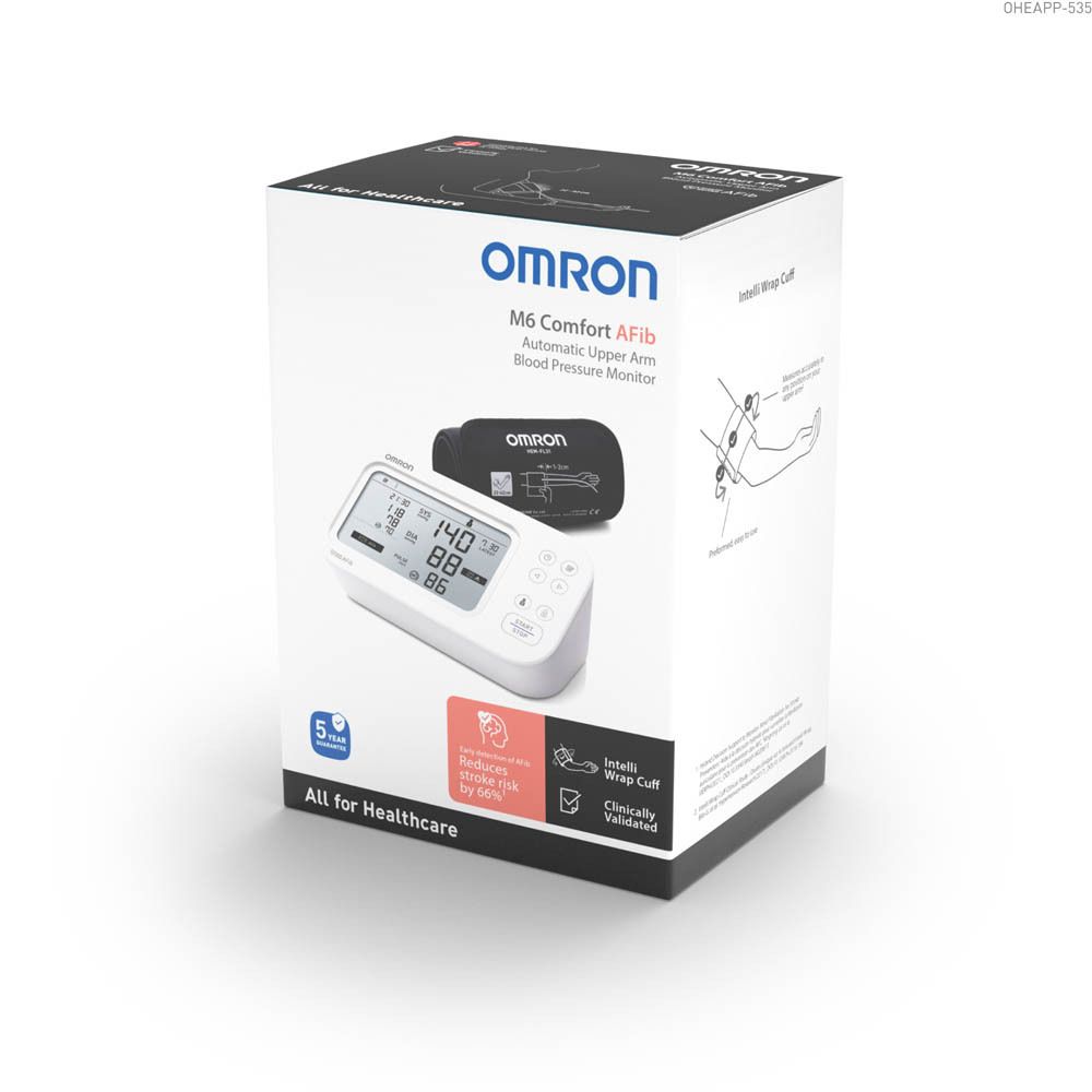 Tensiomètre OMRON M6 Comfort AFib. Appareil avec écran. Affichage numérique des mesures. Boutons de commande.