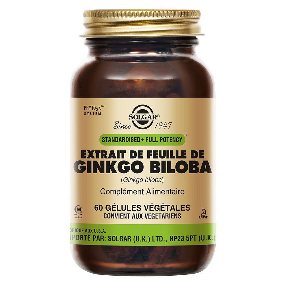 Flacon en verre brun avec bouchon doré. Étiquette : Extrait de feuille de Ginkgo Biloba, 60 gélules végétales.