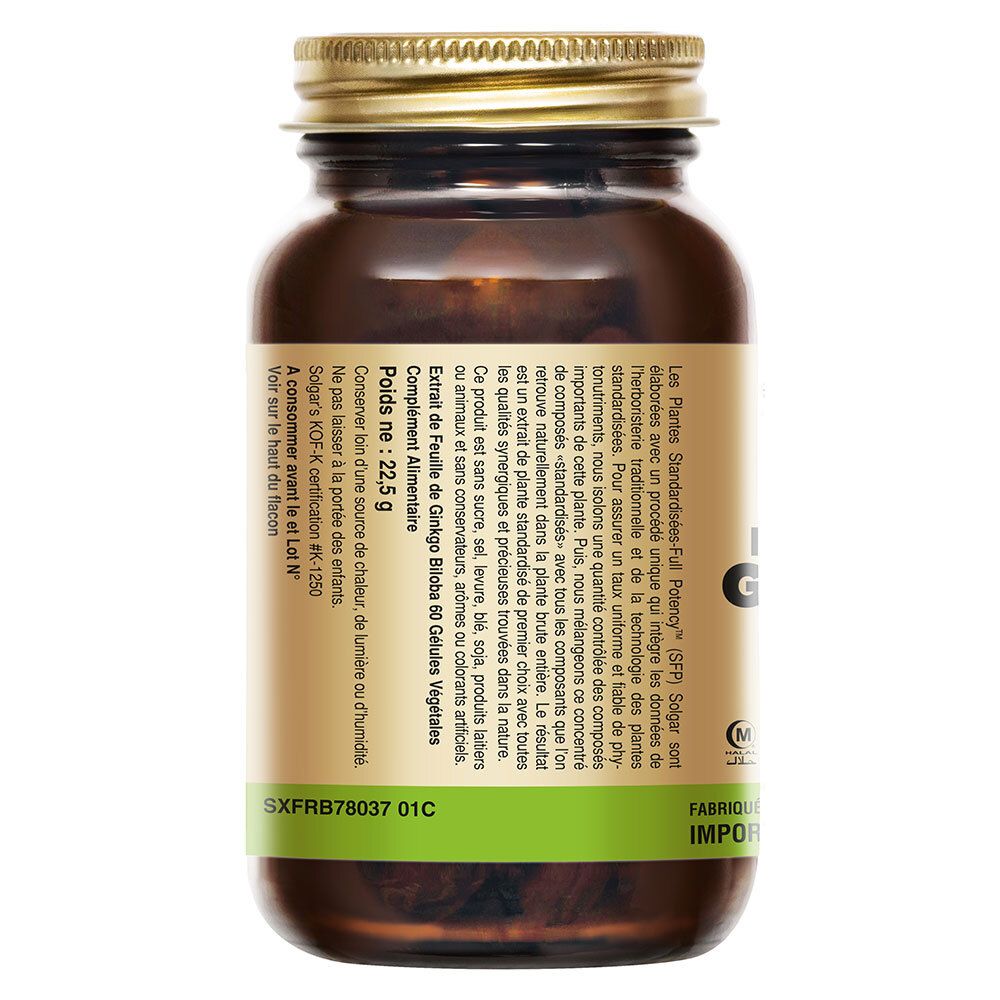 Dos du flacon en verre brun. Étiquette avec texte et informations nutritionnelles. Bande verte en bas.