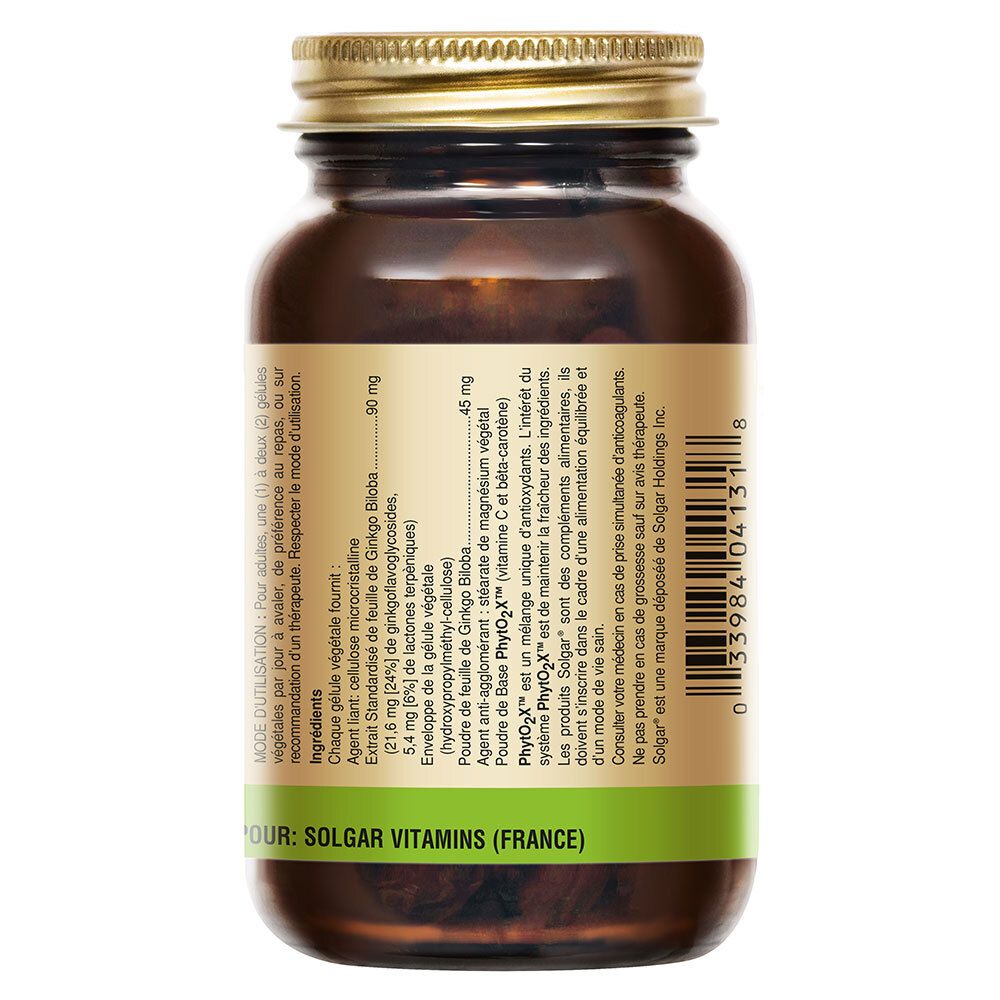 Dos du flacon en verre brun. Étiquette avec texte et informations nutritionnelles. Bande verte en bas.