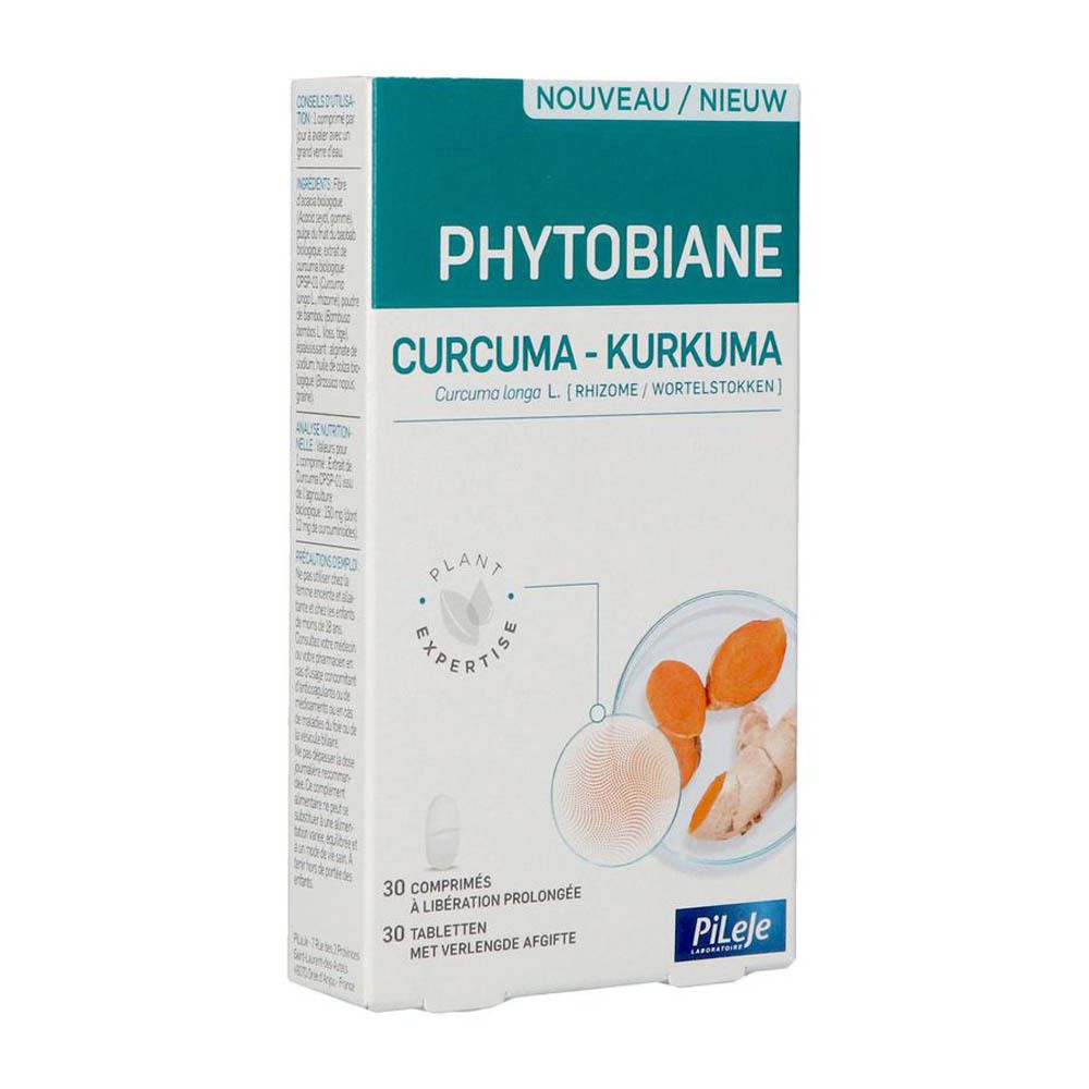 Boîte PiLeJe Phytobiane Curcuma. Nom du produit et illustration de curcuma. 30 comprimés.