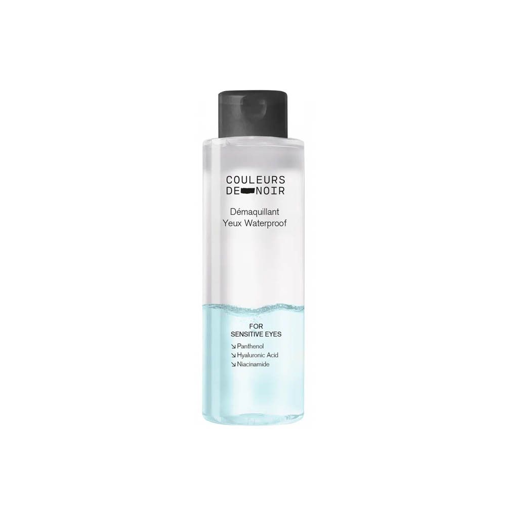 Démaquillant yeux waterproof. Bouteille avec bouchon noir. Inscription: Démaquillant Yeux Waterproof. Pour yeux sensibles.