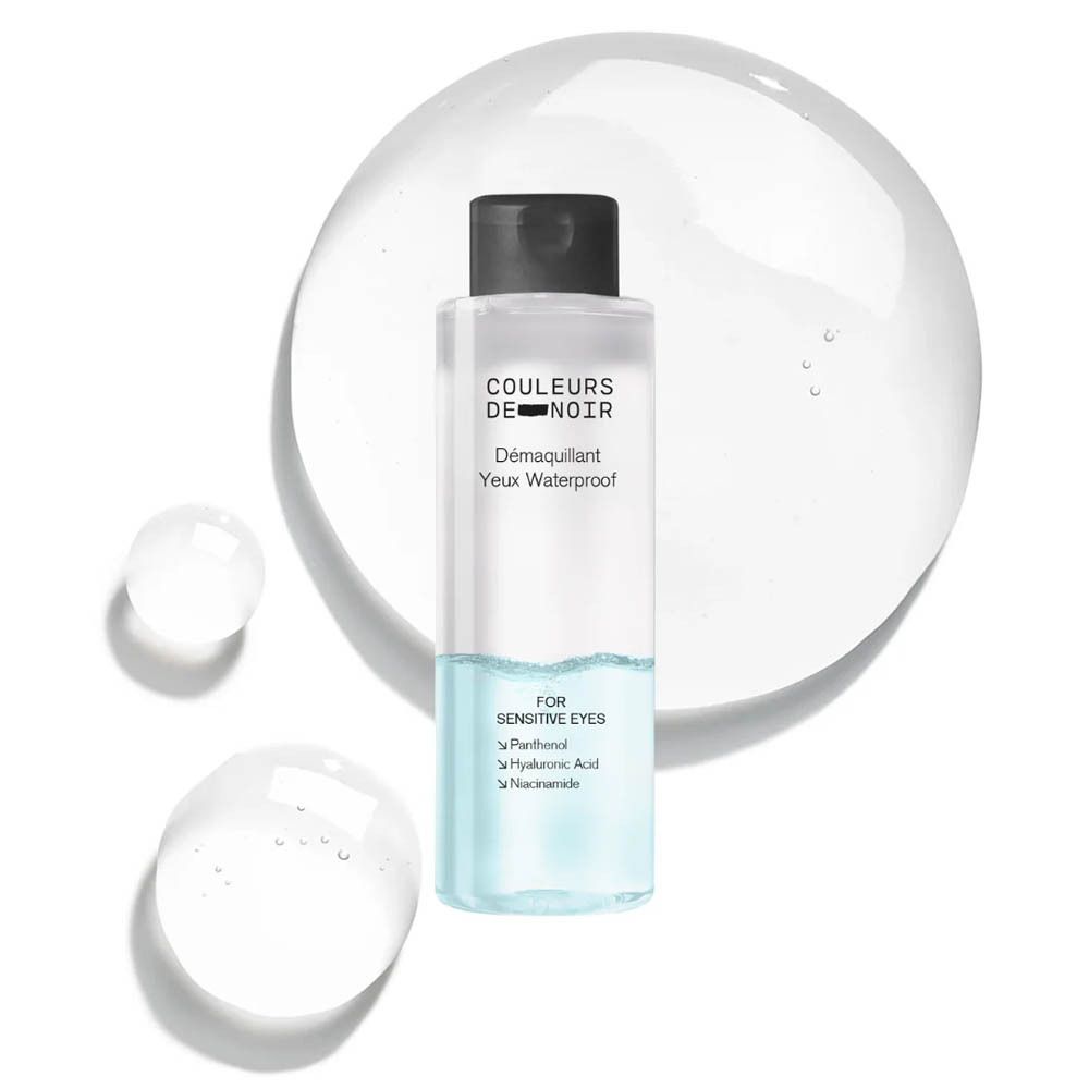 Bouteille Démaquillant Yeux Waterproof avec gouttes d'eau. Liquide transparent.