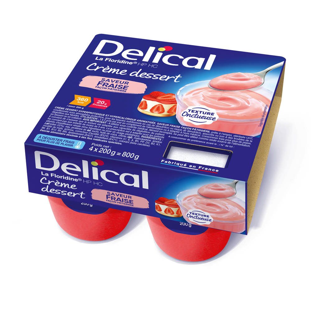 Emballage de quatre pots rouges Delical Crème dessert Fraise. Boîte bleue avec nom du produit et illustration de fraises.