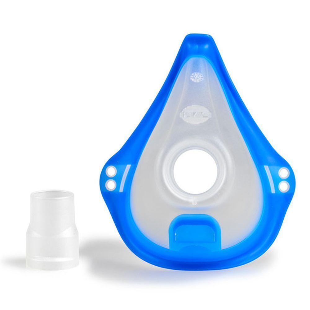 Masque facial bleu et blanc avec connecteur. Ouverture ronde, trous latéraux. Connecteur cylindrique.