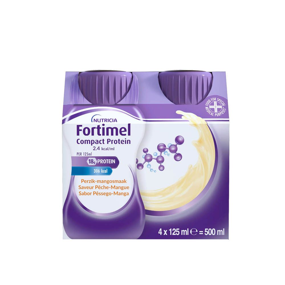 Pack de 4 bouteilles. Bouchons violets. Inscription: Fortimel Compact Protein. Saveur pêche-mangue.