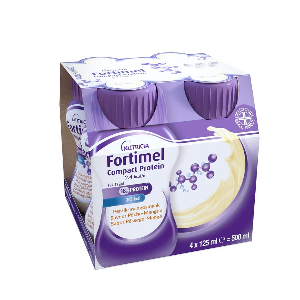 Pack de 4 bouteilles. Bouchons violets. Inscription: Fortimel Compact Protein. Saveur pêche-mangue.