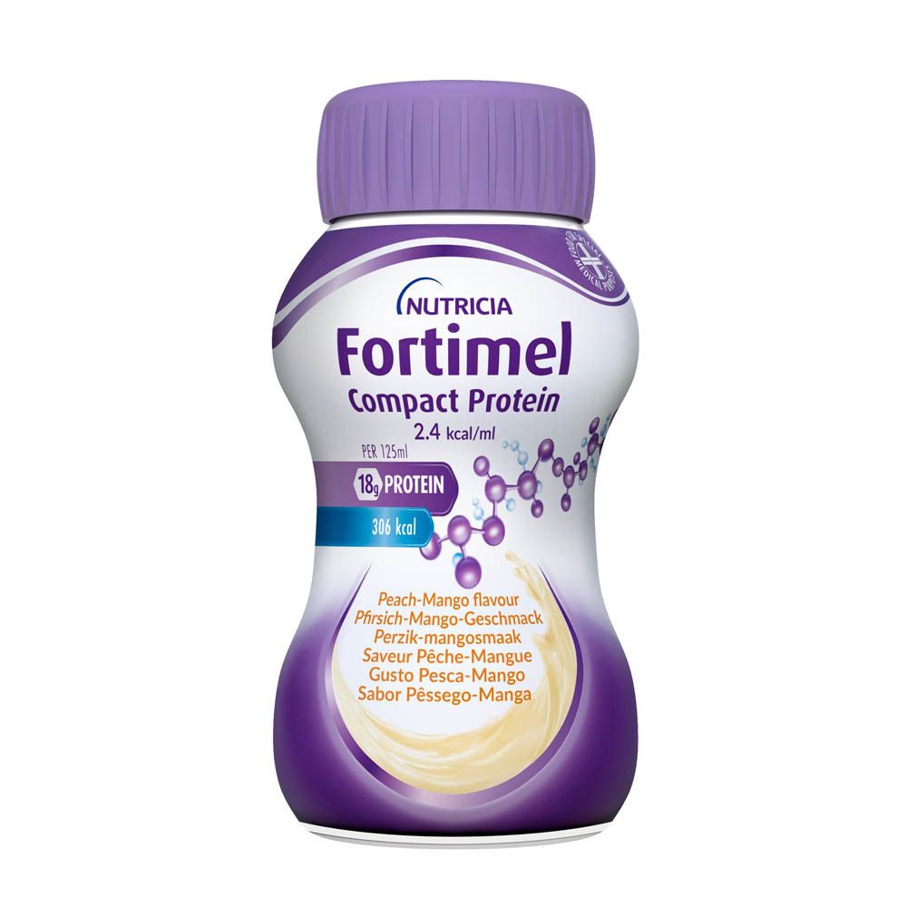 Pack de 4 bouteilles. Bouchons violets. Inscription: Fortimel Compact Protein. Saveur pêche-mangue.