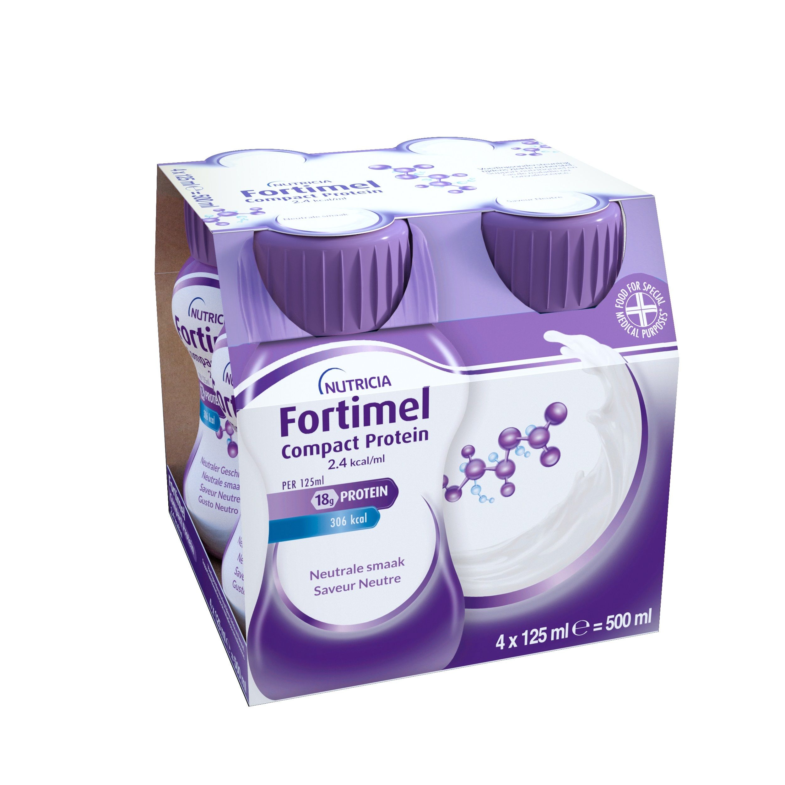 Emballage de quatre bouteilles de Fortimel Compact Protein. Saveur Neutre. 18g de protéines.