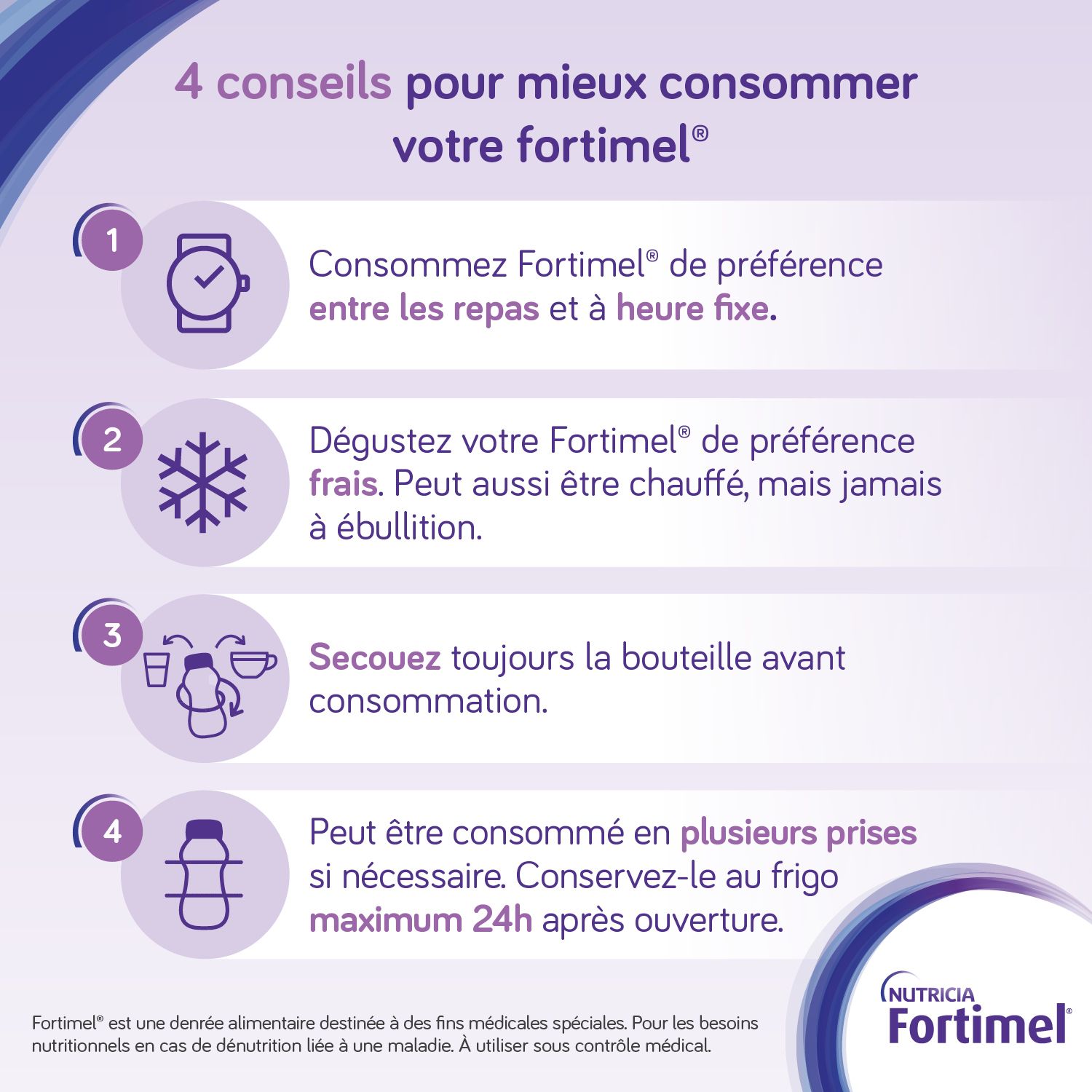 Conseils d'utilisation de Fortimel. Entre les repas, froid, secouer, plusieurs prises.