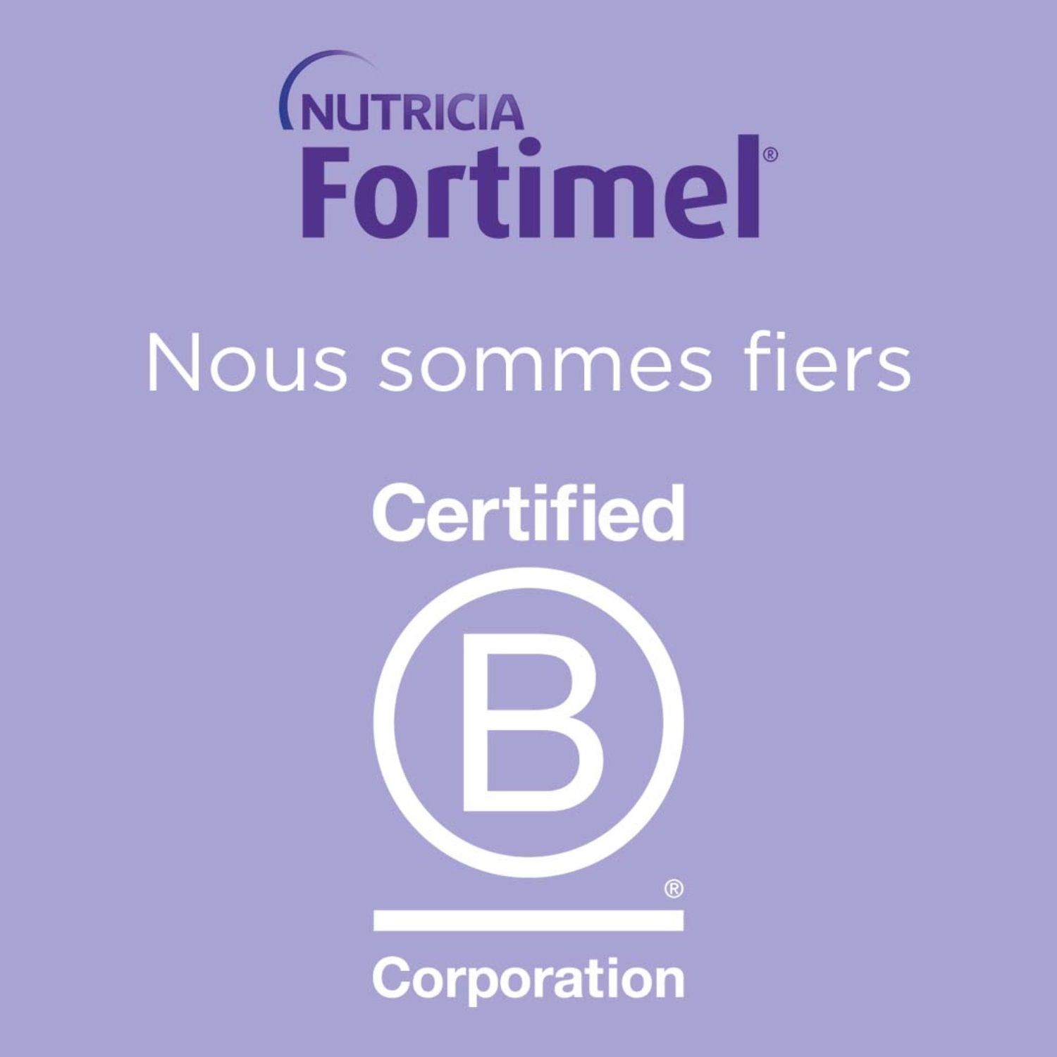 Logo Nutricia et certification B Corp. Texte: Nous sommes fiers.