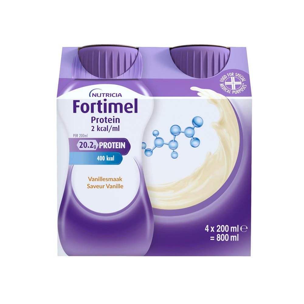 Fortimel Protein 2 kcal/ml, goût vanille. 4 bouteilles, 200 ml. Bouteille à bouchon violet.