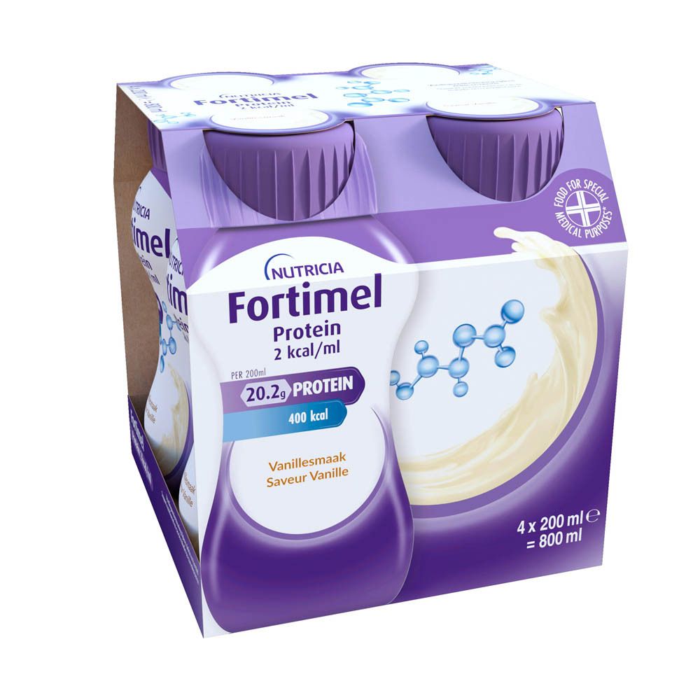 Dos de l'emballage avec informations nutritionnelles et fabricant. 4 bouteilles Fortimel Protein 2 kcal/ml.