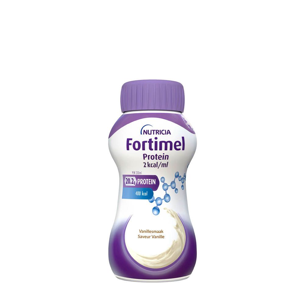 Emballage de 4 bouteilles Fortimel Protein 2 kcal/ml, goût vanille. Bouteilles à bouchon violet, en carton.