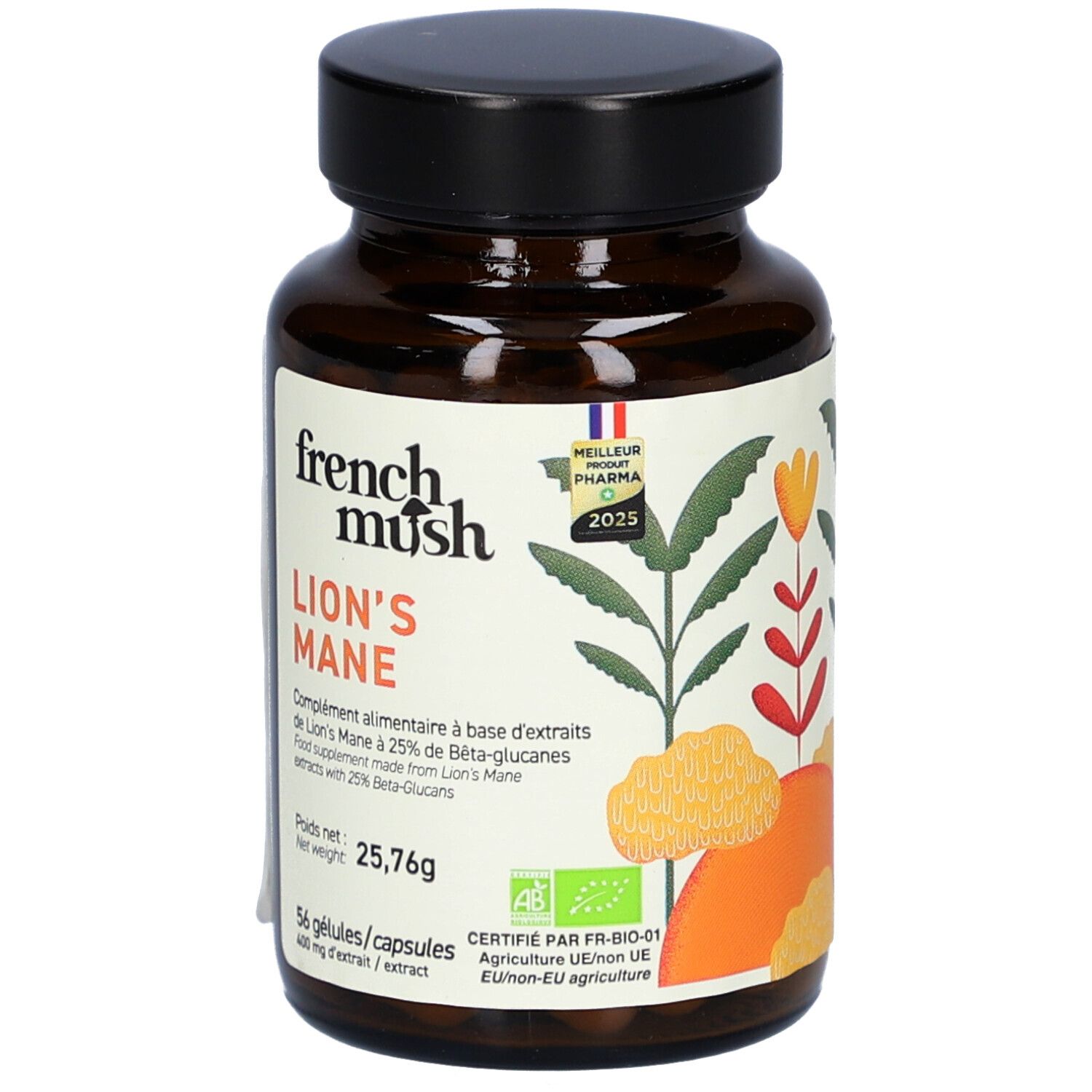 Flacon en verre brun avec capsules. Étiquette "French Mush Lion's Mane". Certification bio. 56 gélules.