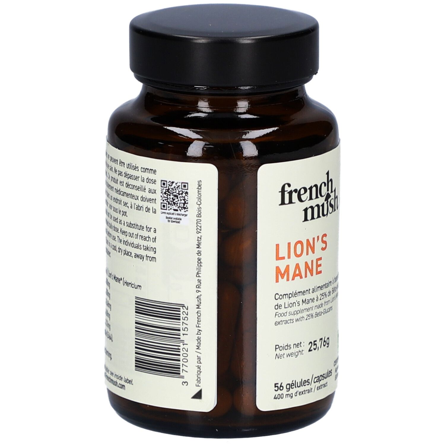 Flacon en verre brun avec capsules. Étiquette "French Mush Lion's Mane". Code QR et code-barres. 56 gélules.