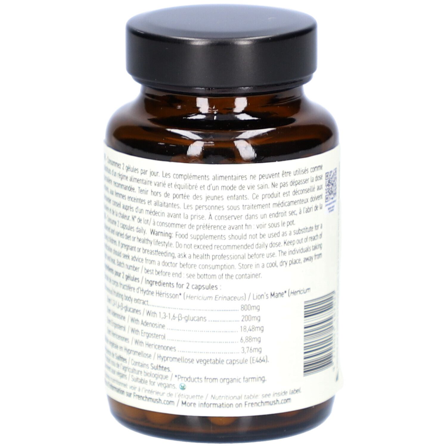 Flacon en verre brun avec capsules. Dos avec texte. Liste des ingrédients et recommandations. 56 gélules.