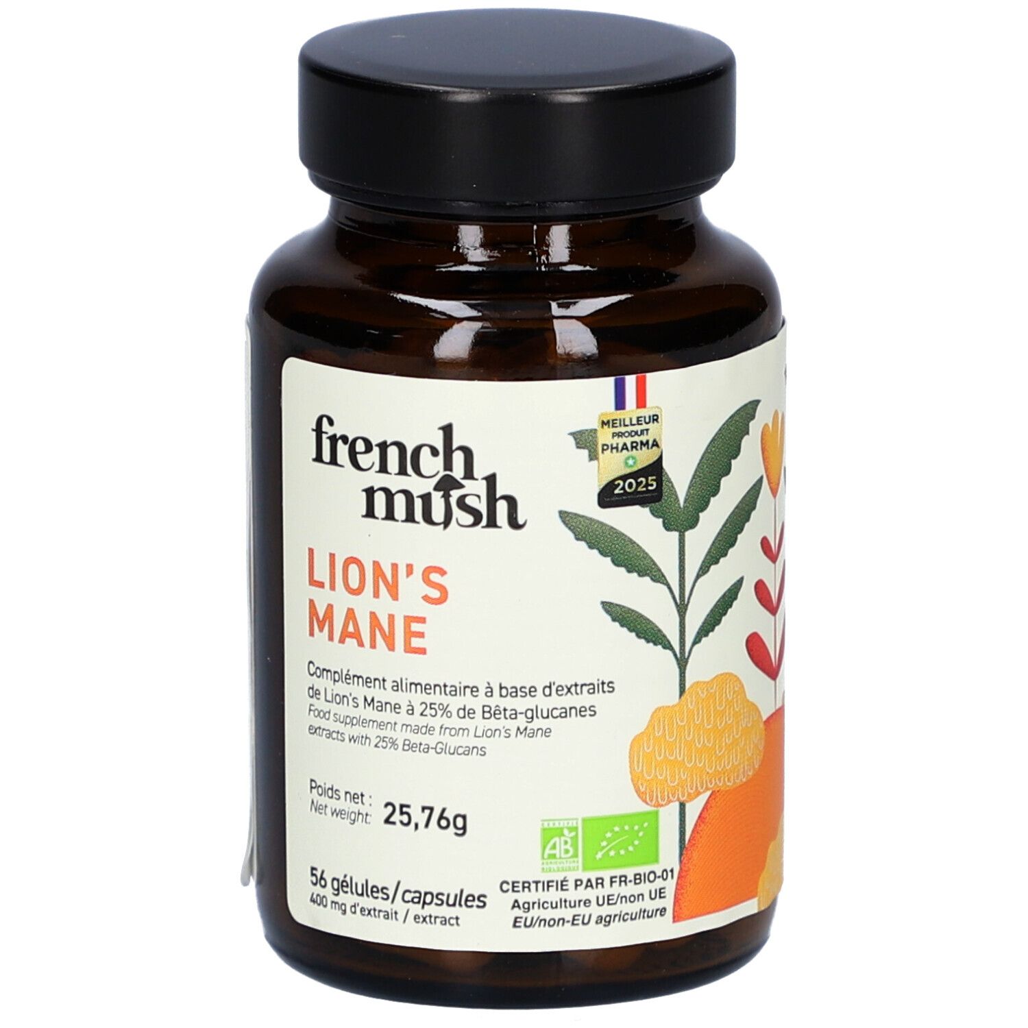 Flacon en verre brun avec capsules. Étiquette "French Mush Lion's Mane". Certification bio. 56 gélules.