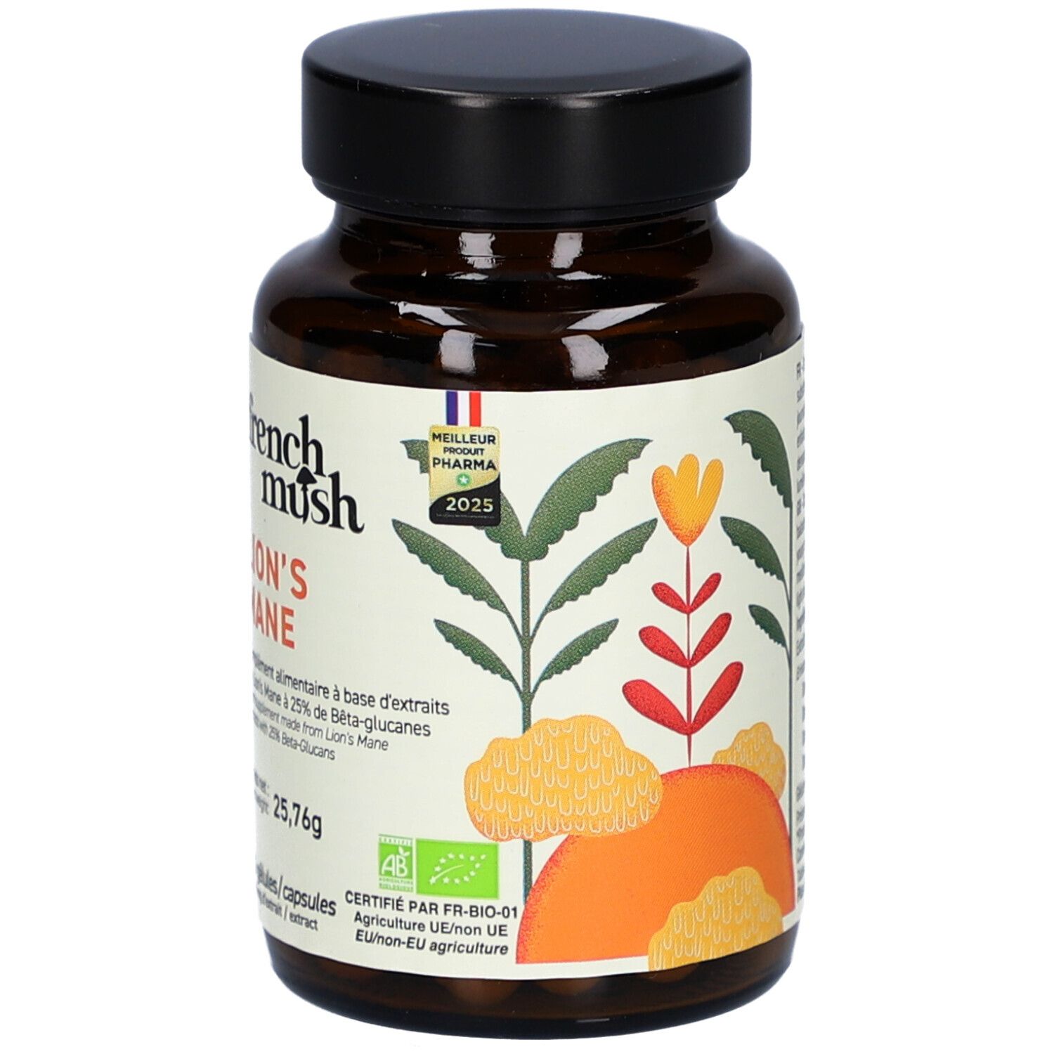 Flacon en verre brun avec capsules. Étiquette "French Mush Lion's Mane". Certification bio. 56 gélules.