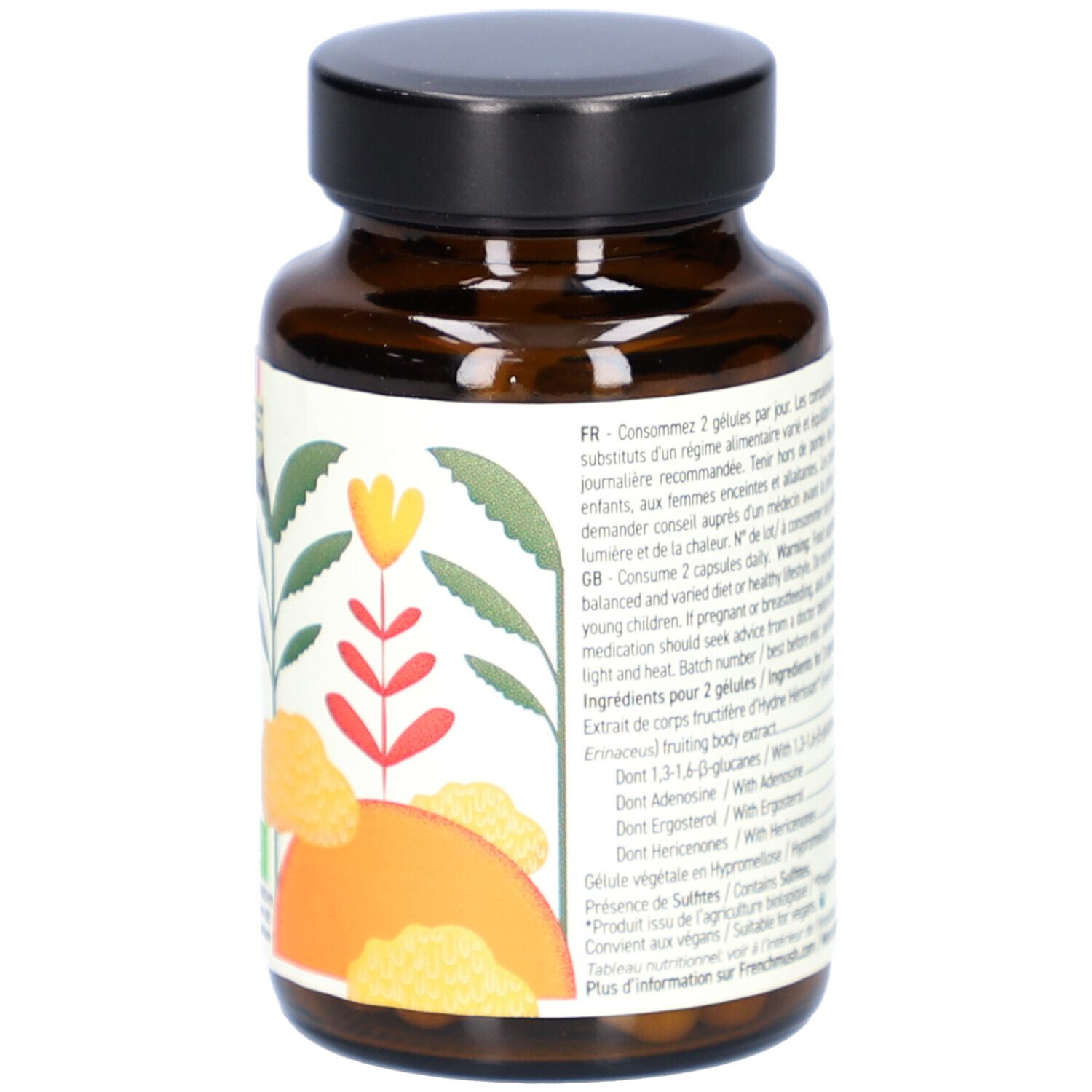 Flacon en verre brun avec capsules. Dos avec texte. Liste des ingrédients et recommandations. 56 gélules.