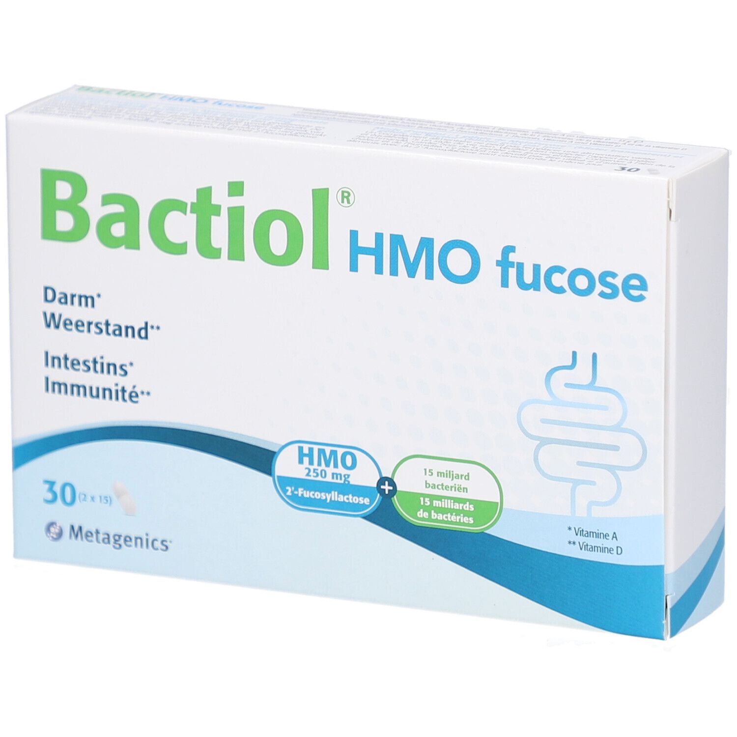 Boîte blanche Bactiol HMO fucose. Inscription: Darm, Weerstand, Intestins, Immunität. 30 gélules. Logo Metagenics.