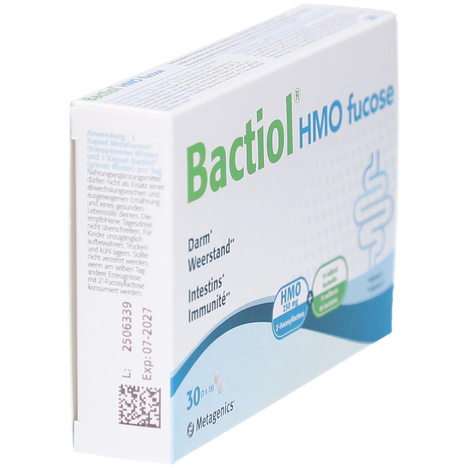 Boîte blanche Bactiol HMO fucose. Inscription: Darm, Weerstand, Intestins, Immunität. 30 gélules. Logo Metagenics. Vue en angle.