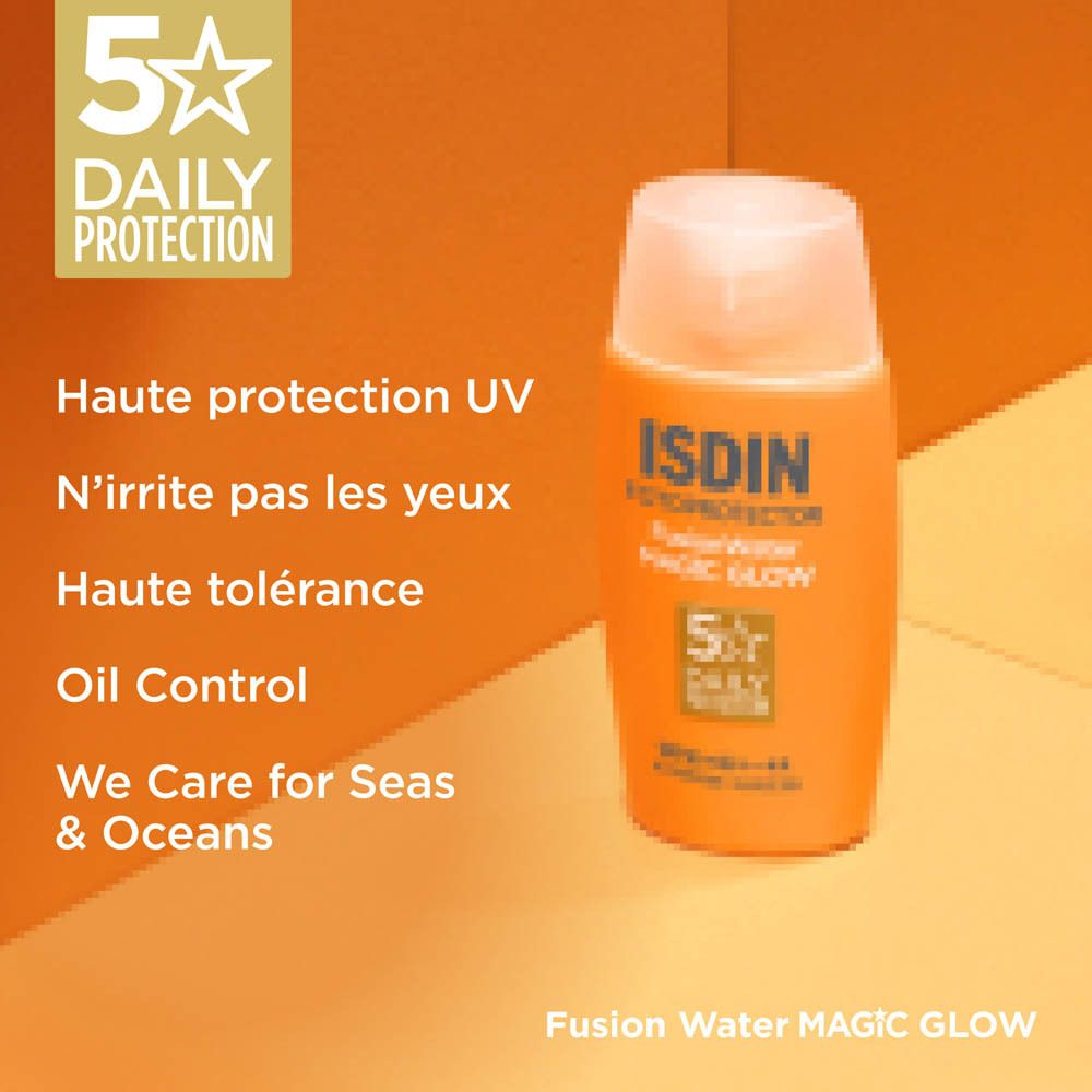 Produit et texte. Inscription: 5 étoiles, Daily Protection, Haute protection UV, N'irrite pas les yeux.