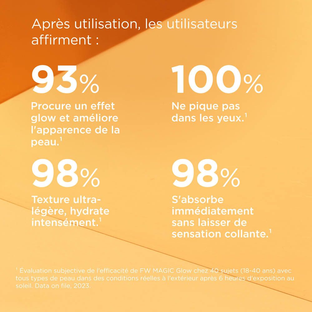 Texte. 93% Procure un effet glow. 100% Ne pique pas dans les yeux. 98% Texture ultra-légère.