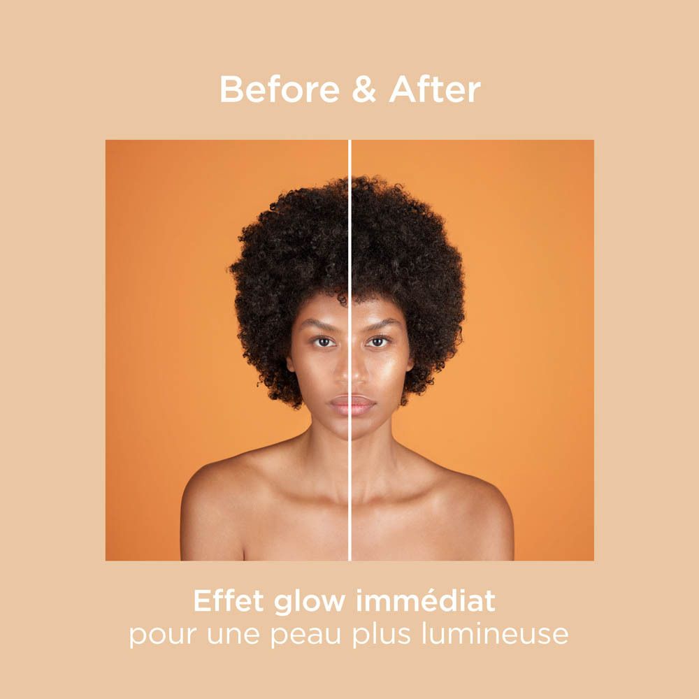 Image avant-après. Femme avec et sans produit. Texte: Effet glow immédiat pour une peau plus lumineuse.